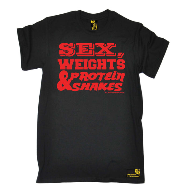 Sex Weights and Protein Shakes Gym Bodybuilding Tee - D1 Red Sex Weights Protein Shakes - Mens T-Shirt