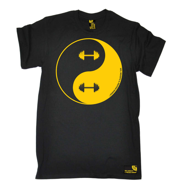 Sex Weights and Protein Shakes Gym Bodybuilding Tee - Dumbbell Yin Yang - Mens T-Shirt