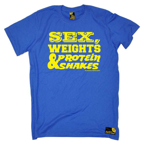 Sex Weights and Protein Shakes Gym Bodybuilding Tee - D1 Yellow Sex Weights Protein Shakes - Mens T-Shirt