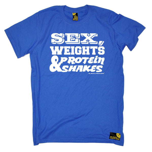 Sex Weights and Protein Shakes Gym Bodybuilding Tee - D1 White Sex Weights Protein Shakes - Mens T-Shirt