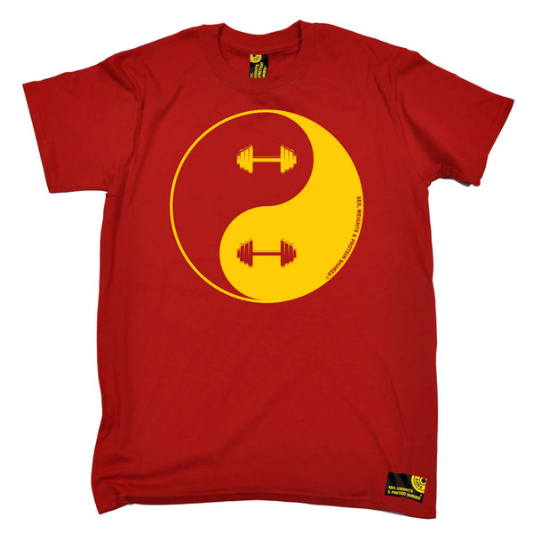 Sex Weights and Protein Shakes Gym Bodybuilding Tee - Dumbbell Yin Yang - Mens T-Shirt