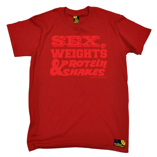 Sex Weights and Protein Shakes Gym Bodybuilding Tee - D1 Red Sex Weights Protein Shakes - Mens T-Shirt