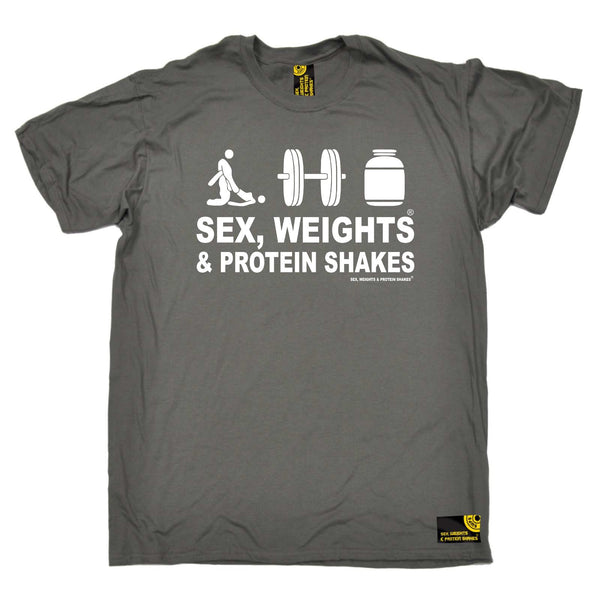 Sex Weights and Protein Shakes Gym Bodybuilding Tee - D3 Sex Weights Protein Shakes - Mens T-Shirt