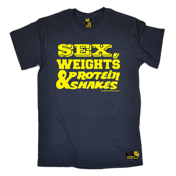 Sex Weights and Protein Shakes Gym Bodybuilding Tee - D1 Yellow Sex Weights Protein Shakes - Mens T-Shirt