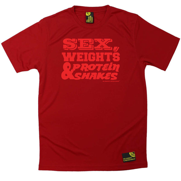 Sex Weights and Protein Shakes Gym Bodybuilding Tee - D1 Red Sex Weights Protein Shakes - Dry Fit Performance T-Shirt