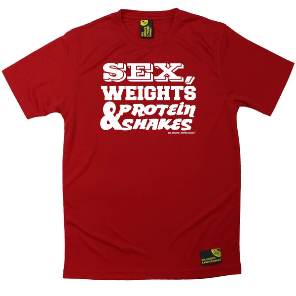 Sex Weights and Protein Shakes Gym Bodybuilding Tee - D1 White Sex Weights Protein Shakes - Dry Fit Performance T-Shirt