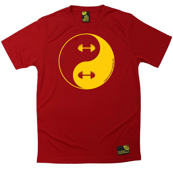 Sex Weights and Protein Shakes Gym Bodybuilding Tee - Dumbbell Yin Yang - Dry Fit Performance T-Shirt