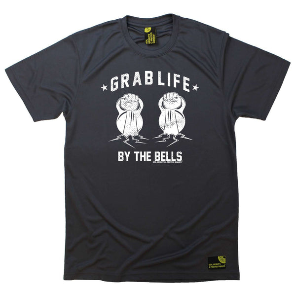 Sex Weights and Protein Shakes Gym Bodybuilding Tee - Grab Life By The Bells - Dry Fit Performance T-Shirt