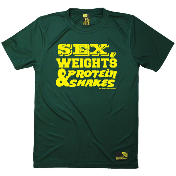 Sex Weights and Protein Shakes Gym Bodybuilding Tee - D1 Yellow Sex Weights Protein Shakes - Dry Fit Performance T-Shirt
