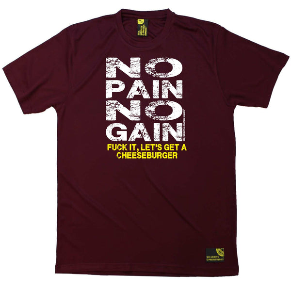 Sex Weights and Protein Shakes Gym Bodybuilding Tee - Burger No Pain No Gain - Dry Fit Performance T-Shirt