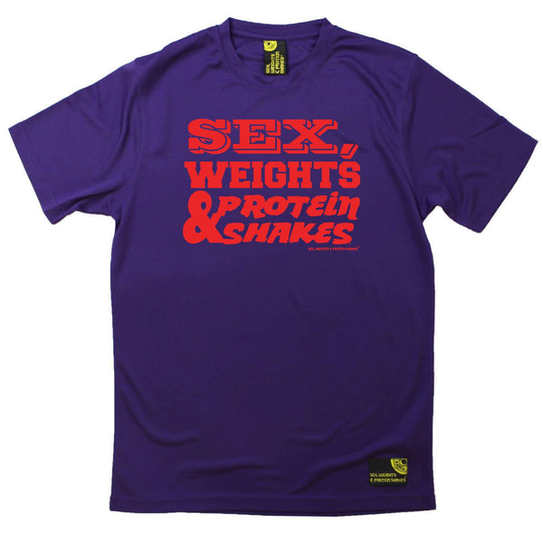 Sex Weights and Protein Shakes Gym Bodybuilding Tee - D1 Red Sex Weights Protein Shakes - Dry Fit Performance T-Shirt