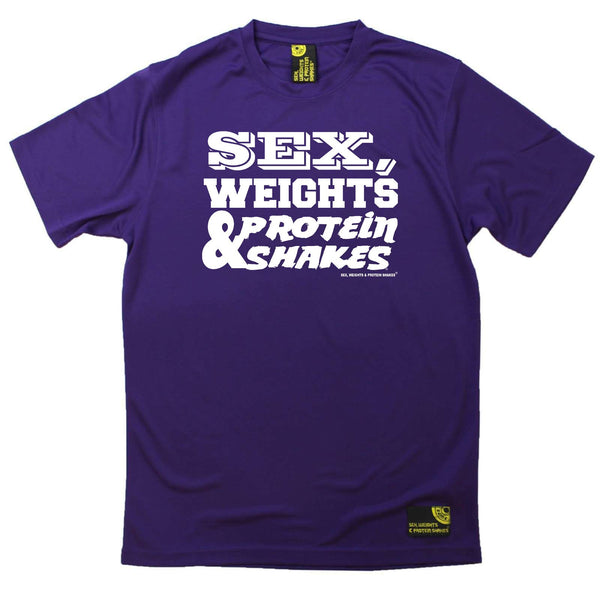 Sex Weights and Protein Shakes Gym Bodybuilding Tee - D1 White Sex Weights Protein Shakes - Dry Fit Performance T-Shirt