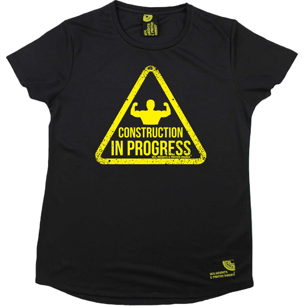 Sex Weights and Protein Shakes Gym Bodybuilding Ladies Tee - Construction In Progress - Round Neck Dry Fit Performance T-Shirt