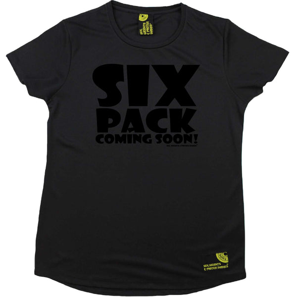 Sex Weights and Protein Shakes Gym Bodybuilding Ladies Tee - Black Six Pack Coming Soon - Round Neck Dry Fit Performance T-Shirt