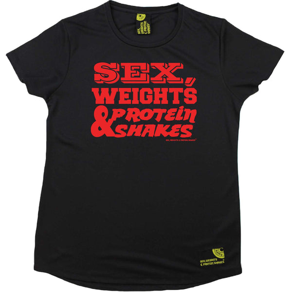 Sex Weights and Protein Shakes Gym Bodybuilding Ladies Tee - D1 Red Sex Weights Protein Shakes - Round Neck Dry Fit Performance T-Shirt