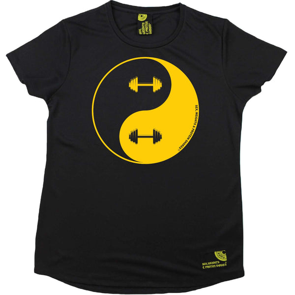 Sex Weights and Protein Shakes Gym Bodybuilding Ladies Tee - Dumbbell Yin Yang - Round Neck Dry Fit Performance T-Shirt
