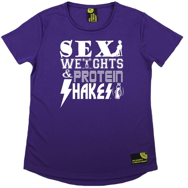 Sex Weights and Protein Shakes Gym Bodybuilding Ladies Tee - D2 Sex Weights Protein Shakes - Round Neck Dry Fit Performance T-Shirt