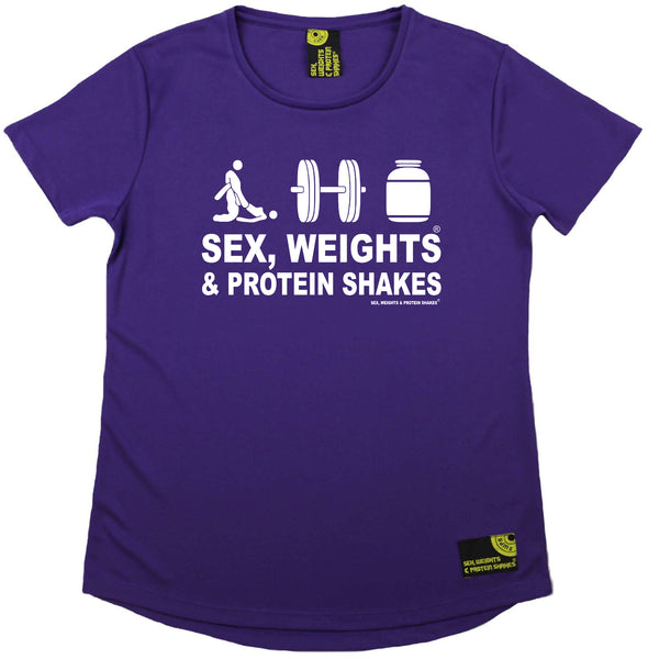 Sex Weights and Protein Shakes Gym Bodybuilding Ladies Tee - D3 Sex Weights Protein Shakes - Round Neck Dry Fit Performance T-Shirt