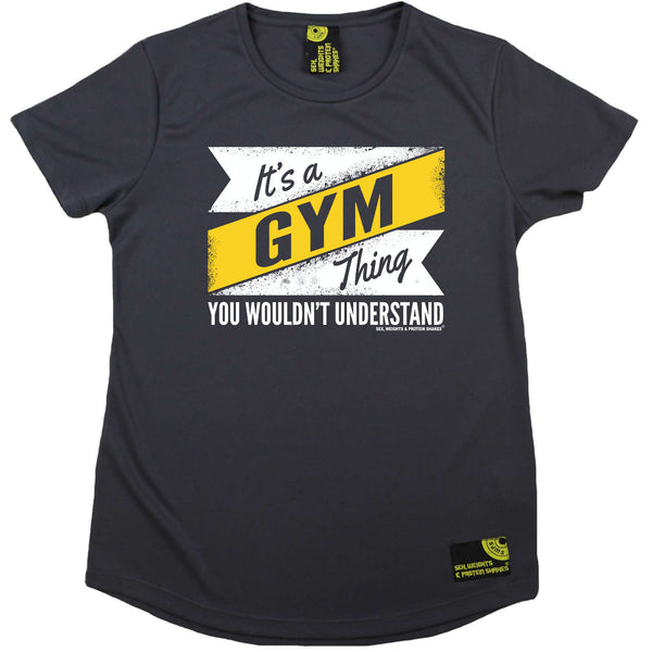 Sex Weights and Protein Shakes Gym Bodybuilding Ladies Tee - Its A Gym Thing - Round Neck Dry Fit Performance T-Shirt