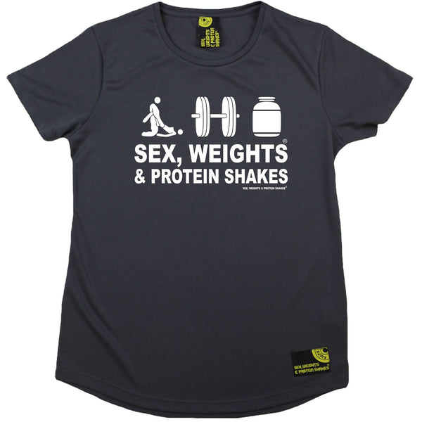 Sex Weights and Protein Shakes Gym Bodybuilding Ladies Tee - D3 Sex Weights Protein Shakes - Round Neck Dry Fit Performance T-Shirt