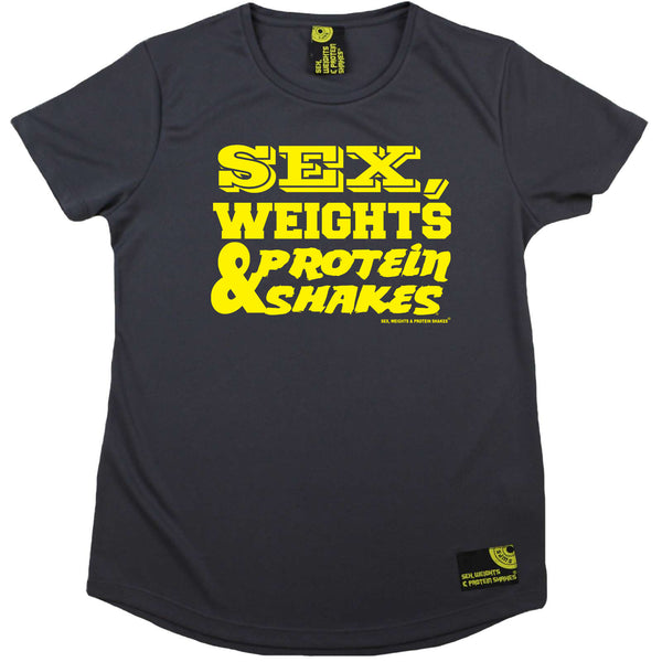 Sex Weights and Protein Shakes Gym Bodybuilding Ladies Tee - D1 Yellow Sex Weights Protein Shakes - Round Neck Dry Fit Performance T-Shirt