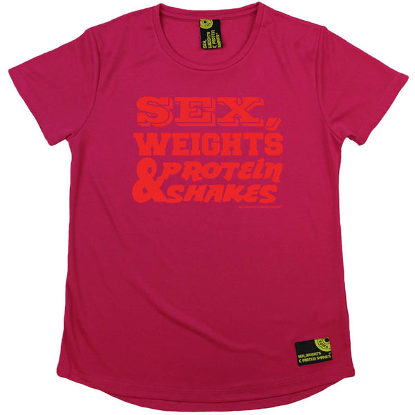 Sex Weights and Protein Shakes Gym Bodybuilding Ladies Tee - D1 Red Sex Weights Protein Shakes - Round Neck Dry Fit Performance T-Shirt
