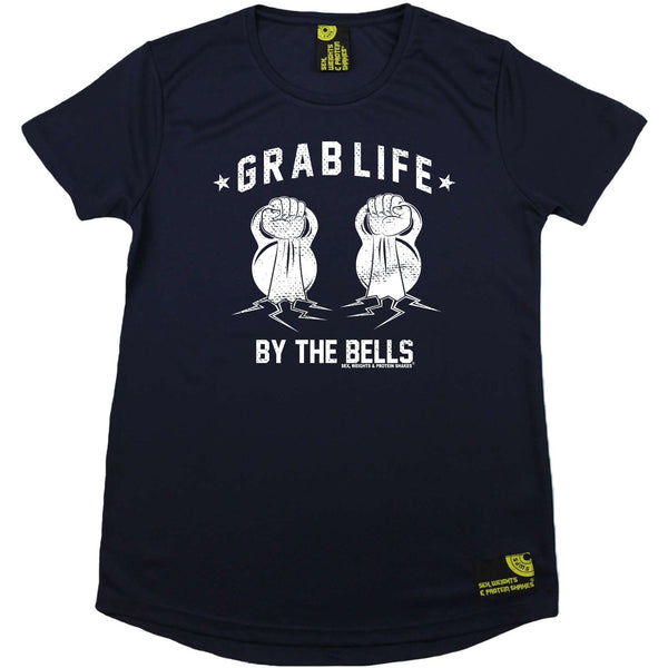 Sex Weights and Protein Shakes Gym Bodybuilding Ladies Tee - Grab Life By The Bells - Round Neck Dry Fit Performance T-Shirt