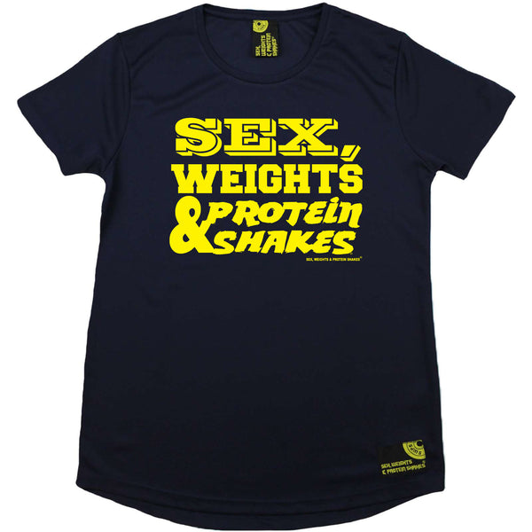 Sex Weights and Protein Shakes Gym Bodybuilding Ladies Tee - D1 Yellow Sex Weights Protein Shakes - Round Neck Dry Fit Performance T-Shirt