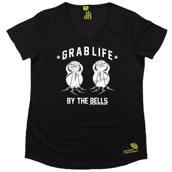 Sex Weights and Protein Shakes Womens Gym Bodybuilding Tee - Grab Life By The Bells - V Neck Dry Fit Performance T-Shirt