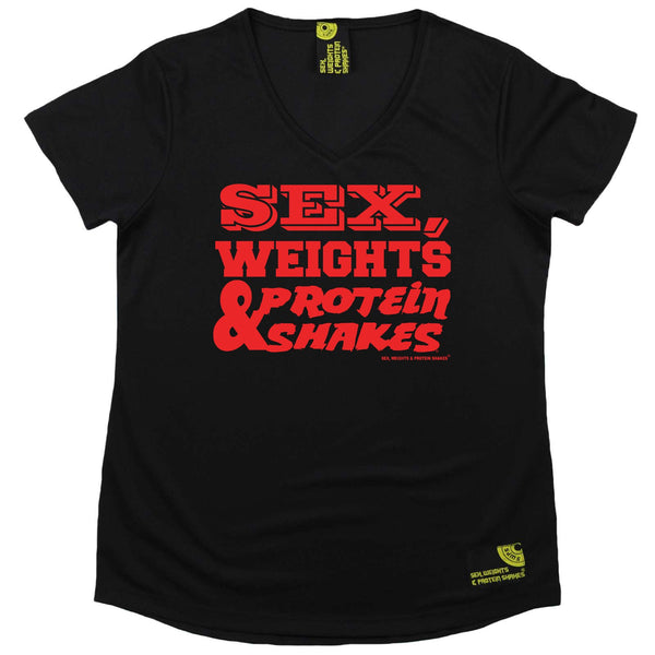 Sex Weights and Protein Shakes Womens Gym Bodybuilding Tee - D1 Red Sex Weights Protein Shakes - V Neck Dry Fit Performance T-Shirt