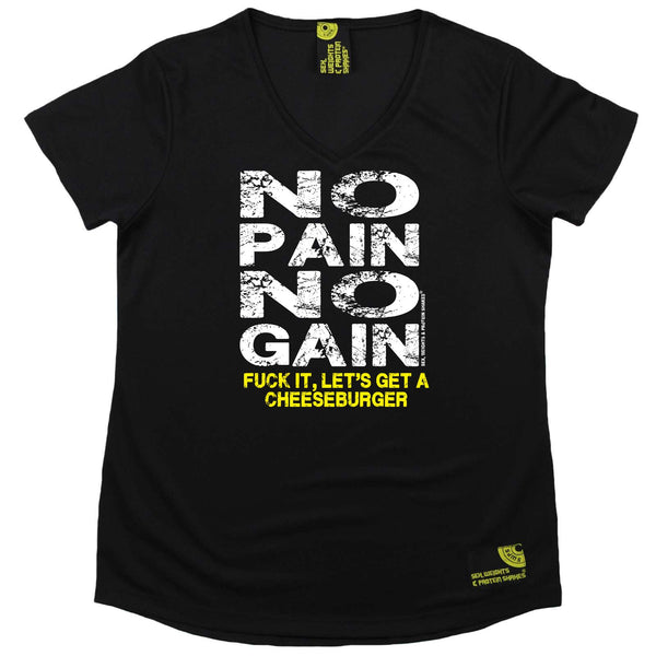 Sex Weights and Protein Shakes Womens Gym Bodybuilding Tee - Burger No Pain No Gain - V Neck Dry Fit Performance T-Shirt