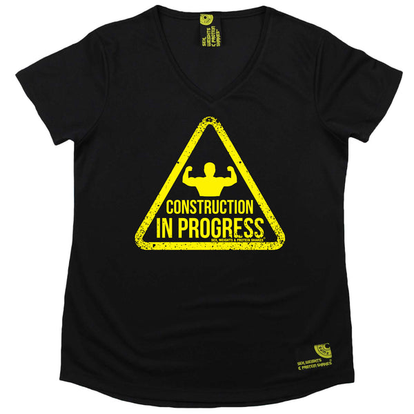 Sex Weights and Protein Shakes Womens Gym Bodybuilding Tee - Construction In Progress - V Neck Dry Fit Performance T-Shirt