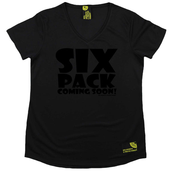 Sex Weights and Protein Shakes Womens Gym Bodybuilding Tee - Black Six Pack Coming Soon - V Neck Dry Fit Performance T-Shirt