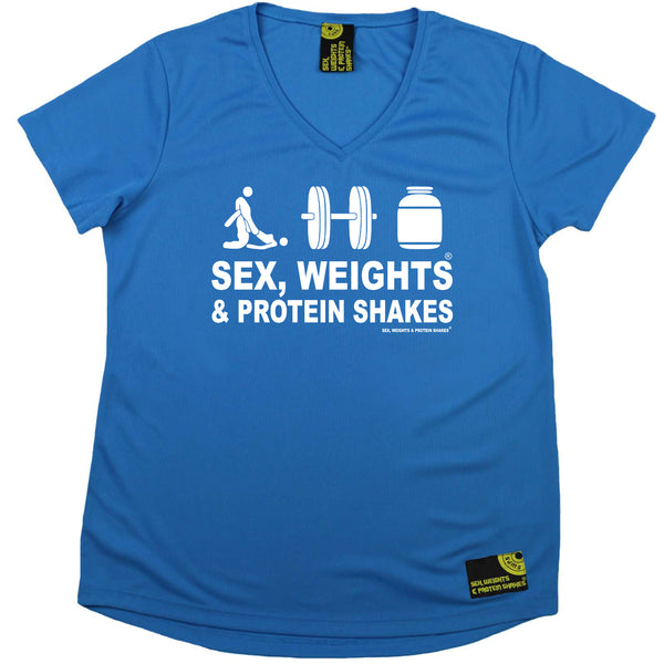 Sex Weights and Protein Shakes Womens Gym Bodybuilding Tee - D3 Sex Weights Protein Shakes - V Neck Dry Fit Performance T-Shirt