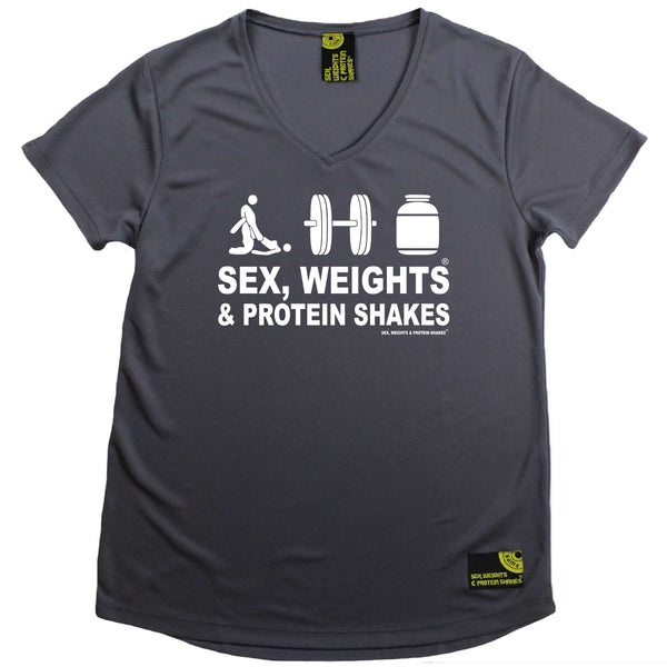 Sex Weights and Protein Shakes Womens Gym Bodybuilding Tee - D3 Sex Weights Protein Shakes - V Neck Dry Fit Performance T-Shirt