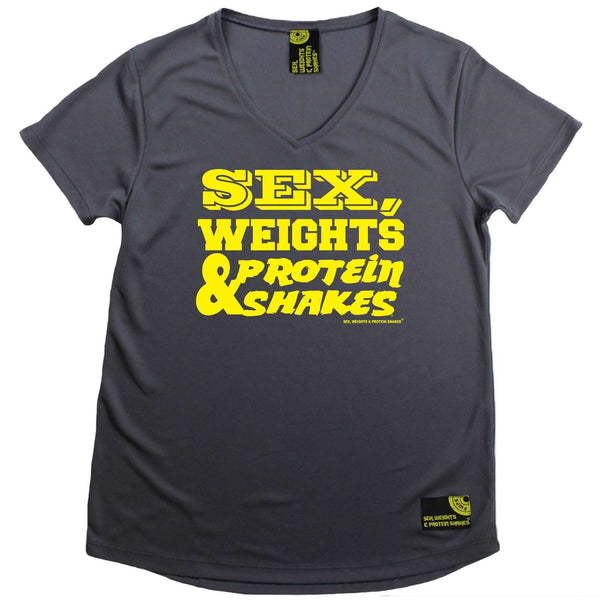 Sex Weights and Protein Shakes Womens Gym Bodybuilding Tee - D1 Yellow Sex Weights Protein Shakes - V Neck Dry Fit Performance T-Shirt
