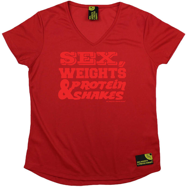 Sex Weights and Protein Shakes Womens Gym Bodybuilding Tee - D1 Red Sex Weights Protein Shakes - V Neck Dry Fit Performance T-Shirt