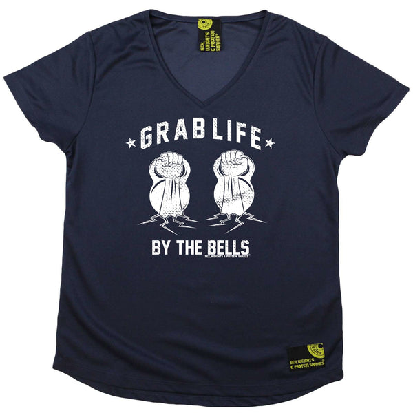 Sex Weights and Protein Shakes Womens Gym Bodybuilding Tee - Grab Life By The Bells - V Neck Dry Fit Performance T-Shirt