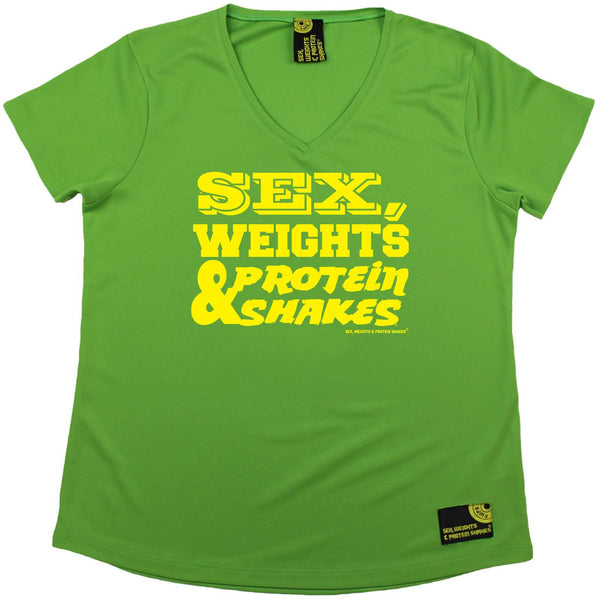 Sex Weights and Protein Shakes Womens Gym Bodybuilding Tee - D1 Yellow Sex Weights Protein Shakes - V Neck Dry Fit Performance T-Shirt