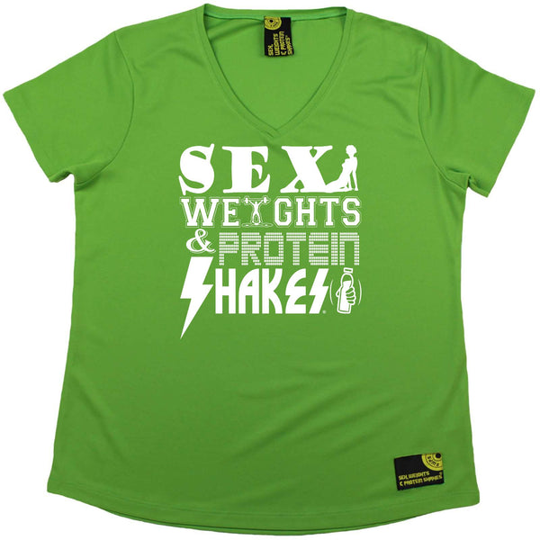 Sex Weights and Protein Shakes Womens Gym Bodybuilding Tee - D2 Sex Weights Protein Shakes - V Neck Dry Fit Performance T-Shirt