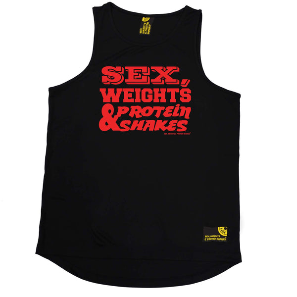 Sex Weights and Protein Shakes Gym Bodybuilding Vest - D1 Red Sex Weights Protein Shakes - Dry Fit Performance Vest Singlet