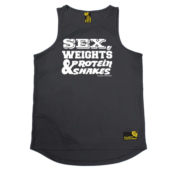 Sex Weights and Protein Shakes Gym Bodybuilding Vest - D1 White Sex Weights Protein Shakes - Dry Fit Performance Vest Singlet