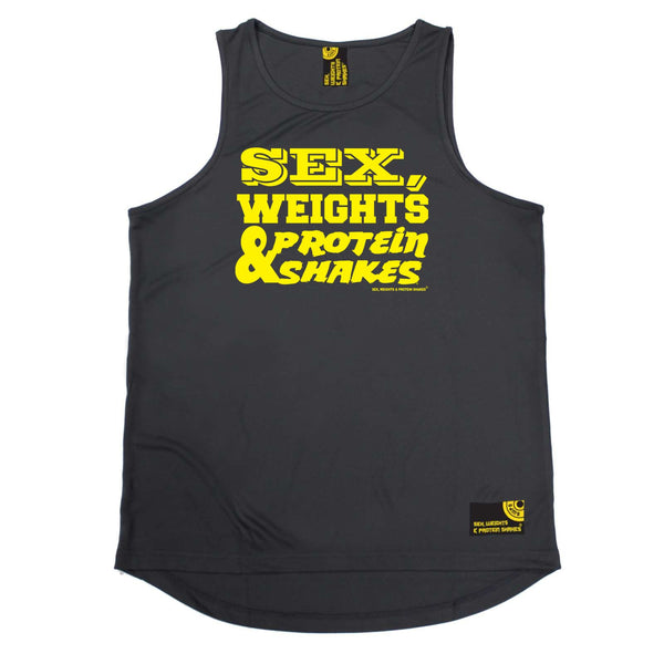 Sex Weights and Protein Shakes Gym Bodybuilding Vest - D1 Yellow Sex Weights Protein Shakes - Dry Fit Performance Vest Singlet