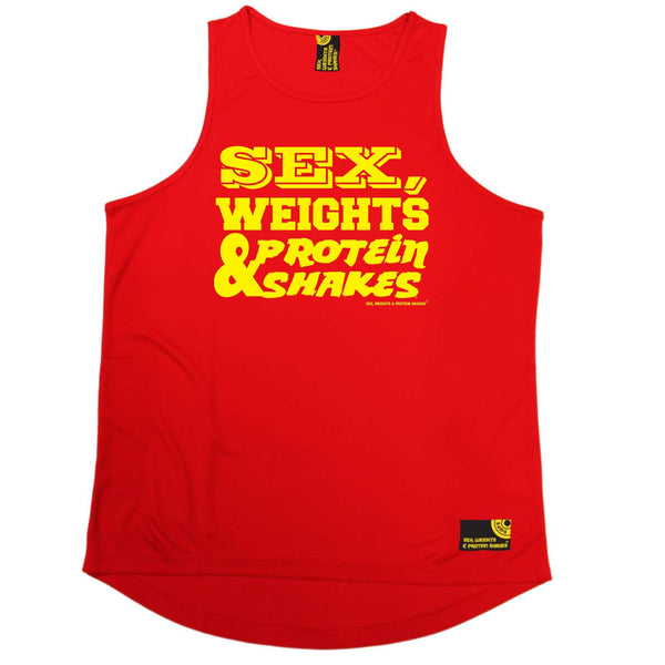 Sex Weights and Protein Shakes Gym Bodybuilding Vest - D1 Yellow Sex Weights Protein Shakes - Dry Fit Performance Vest Singlet