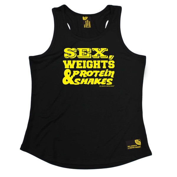 Sex Weights and Protein Shakes Womens Gym Bodybuilding Vest - D1 Yellow Sex Weights Protein Shakes - Dry Fit Performance Vest Singlet