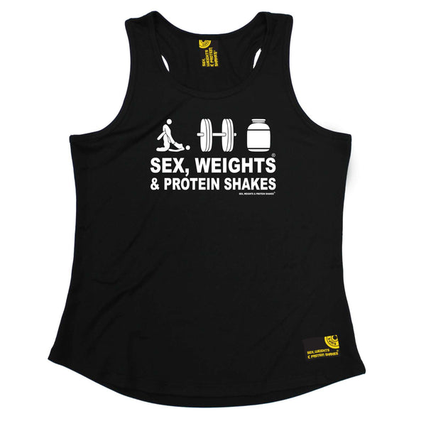 Sex Weights and Protein Shakes Womens Gym Bodybuilding Vest - D3 Sex Weights Protein Shakes - Dry Fit Performance Vest Singlet