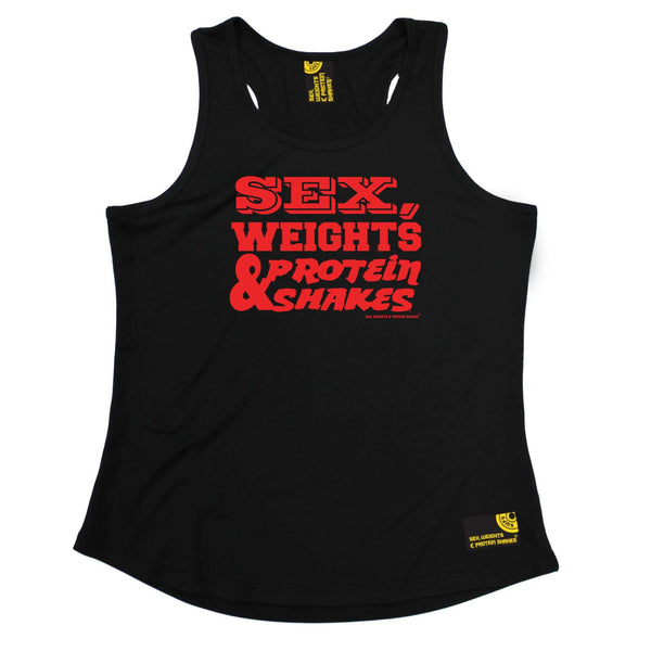 Sex Weights and Protein Shakes Womens Gym Bodybuilding Vest - D1 Red Sex Weights Protein Shakes - Dry Fit Performance Vest Singlet