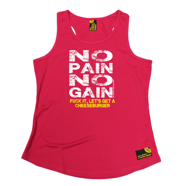 Sex Weights and Protein Shakes Womens Gym Bodybuilding Vest - Burger No Pain No Gain - Dry Fit Performance Vest Singlet