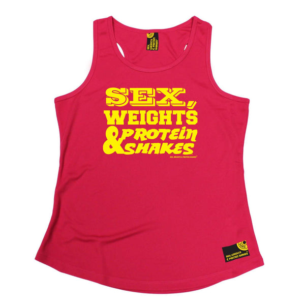 Sex Weights and Protein Shakes Womens Gym Bodybuilding Vest - D1 Yellow Sex Weights Protein Shakes - Dry Fit Performance Vest Singlet
