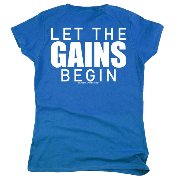 FB Sex Weights and Protein Shakes Gym Bodybuilding Tee - Let The Gains Begin -  Womens Fitted Cotton T-Shirt Top T Shirt